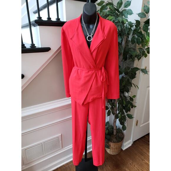7th Avenue 2 Piece Suit Womens L/14 Red Pockets Slim Fit Notch Lapel Tie Waist - Picture 1 of 16